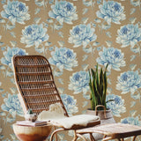 CR21302 Bronze metallic blue floral large peony blossom flowers Biedermeier wallpaper 3D