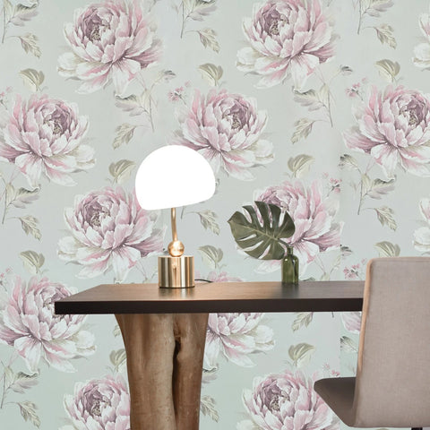 CR21309 Gray metallic pink floral large peony blossom flowers Biedermeier wallpaper roll
