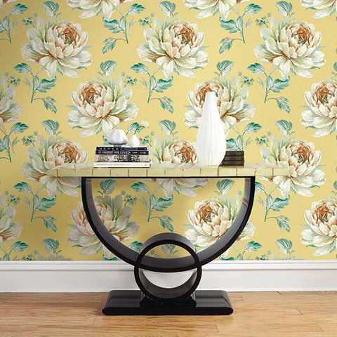 CR21310 Gold metallic off white floral large peony blossom flowers Biedermeier wallpaper