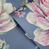 CR21311 Gray blue metallic pink floral large peony blossom flowers Biedermeier wallpaper

