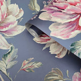 CR21311 Gray blue metallic pink floral large peony blossom flowers Biedermeier wallpaper

