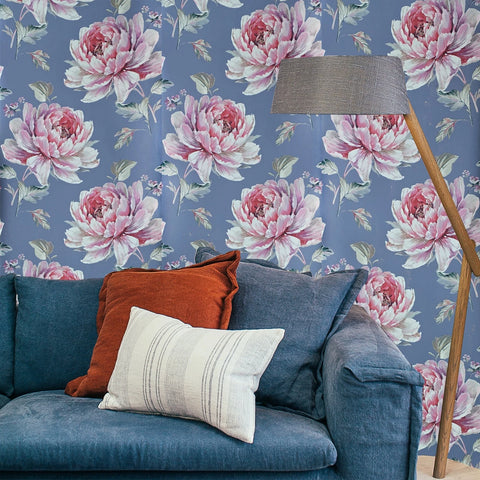 CR21311 Gray blue metallic pink floral large peony blossom flowers Biedermeier wallpaper

