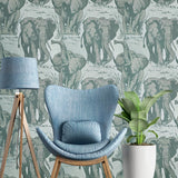 CR22102 Flocking velvet Textured steel blue metallic gray safari elephant wallpaper roll
