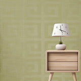 CR33406 Geometric brass beige gold metallic flocked greek key textured geo wallpaper 3D
