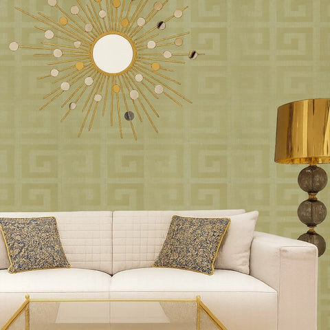 CR33406 Geometric brass beige gold metallic flocked greek key textured geo wallpaper 3D
