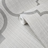 CR34400 Trellis gray tan white textured faux stitched woven fabric geo ogee wallpaper 3D
