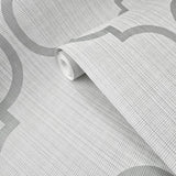 CR34400 Trellis gray tan white textured faux stitched woven fabric geo ogee wallpaper 3D
