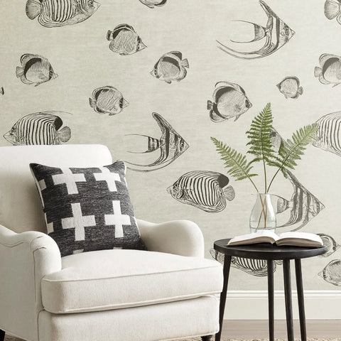 CR70300 Soft beige cream black marine tropical reef fish coastal Nautical Wallpaper roll