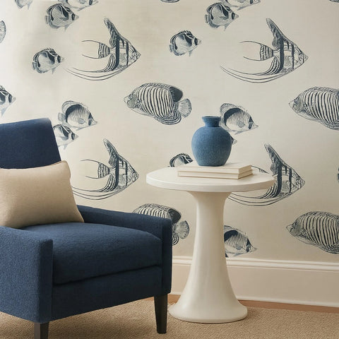 CR70312 Navy blue soft beige cream marine tropical reef fish coastal Nautical Wallpaper