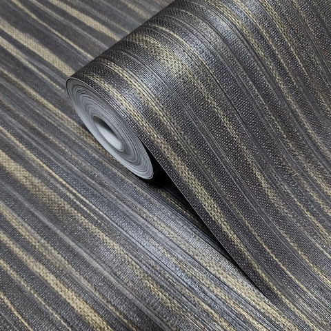 Z18911 Charcoal gray gold metallic Textured plain vertical lines faux fabric Wallpaper
