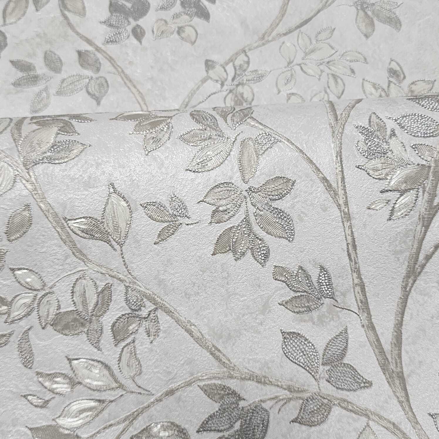 Z21704 Cream Gray - tan brass faux fabric floral branches leaves 