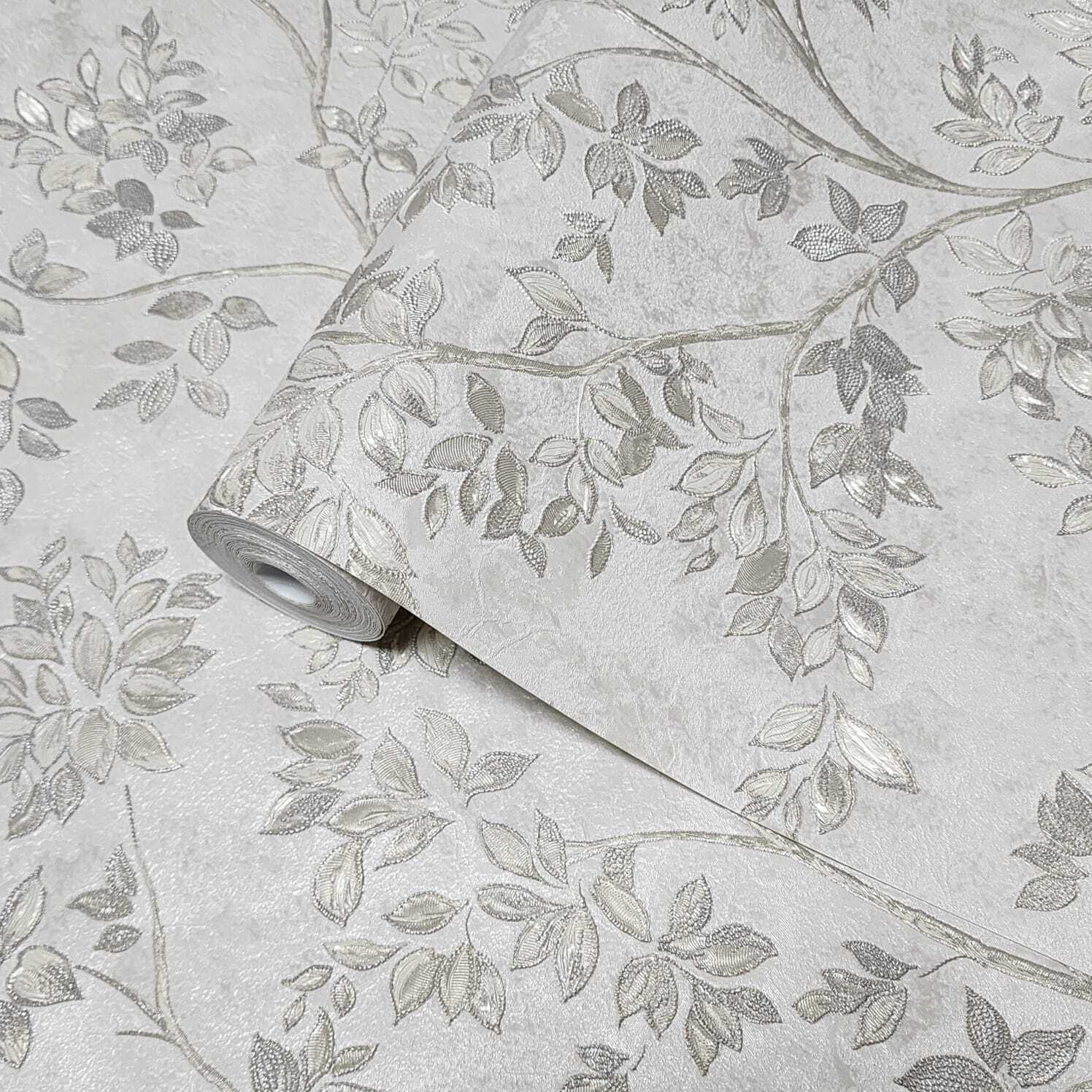 Z21704 Cream Gray - tan brass faux fabric floral branches leaves 