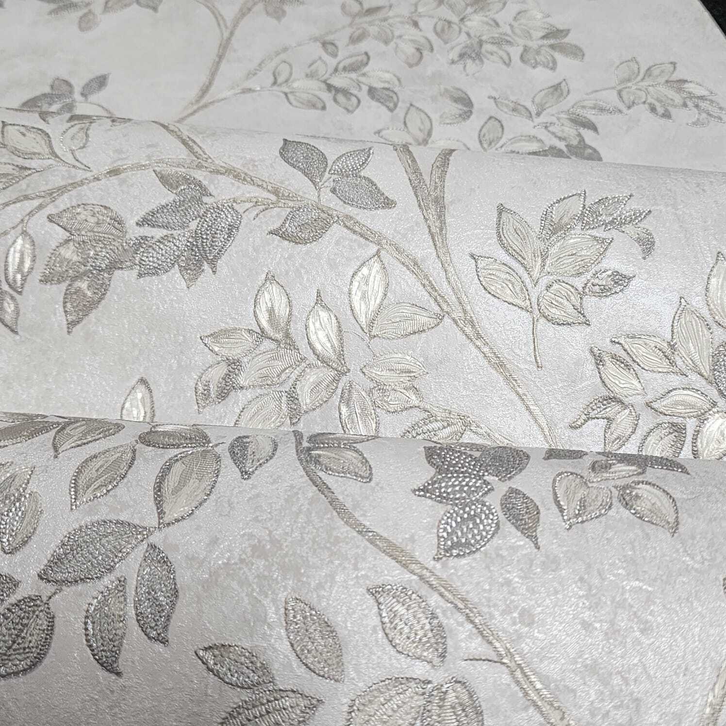 Z21704 Cream Gray - tan brass faux fabric floral branches leaves 