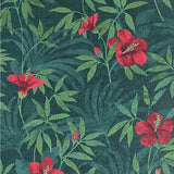4044-38028-1, 38028-1 Cuba Dark green red pink flowers bloom floral botanical light textured Wallpaper