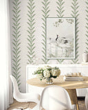 DB43016 Huanzhu Leaf Stripe Sage Silver Wallpaper