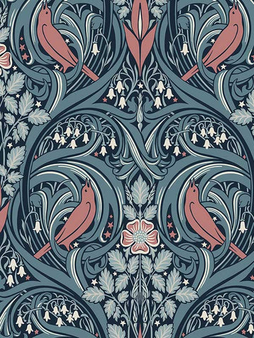 ET12222 Bird Scroll Aegean Teal and Coral Wallpaper