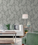 EW10010 Tossed Leaves Textured Grey Wallpaper