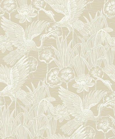 EW11005 Marsh Cranes Floral Leaf Wallpaper