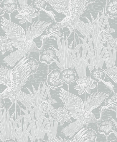 EW11018 Marsh Cranes Floral Leaf Wallpaper