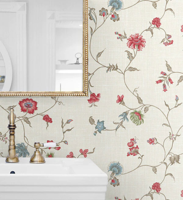 FC61004 Cranberry Blue Florale Trail Leaf Wallpaper