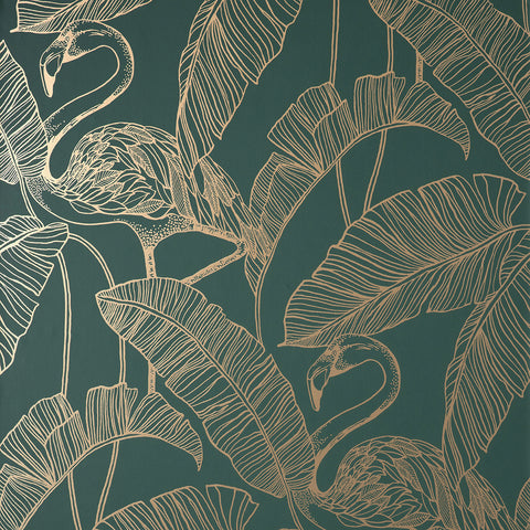 FD42946 Mulholland Dark Green Flamingo Wallpaper