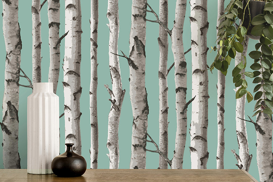 FD43293 Chester Aqua Birch Trees Wallpaper – wallcoveringsmart