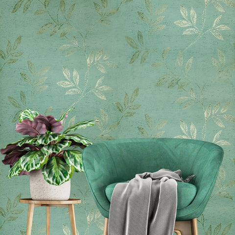 9122 Floral green brass metallic leaves botanical plant branches tropical Wallpaper