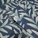 GL21802 Floral tossed leaves faux grasscloth textured dark navy blue vinyl wallpaper 3D