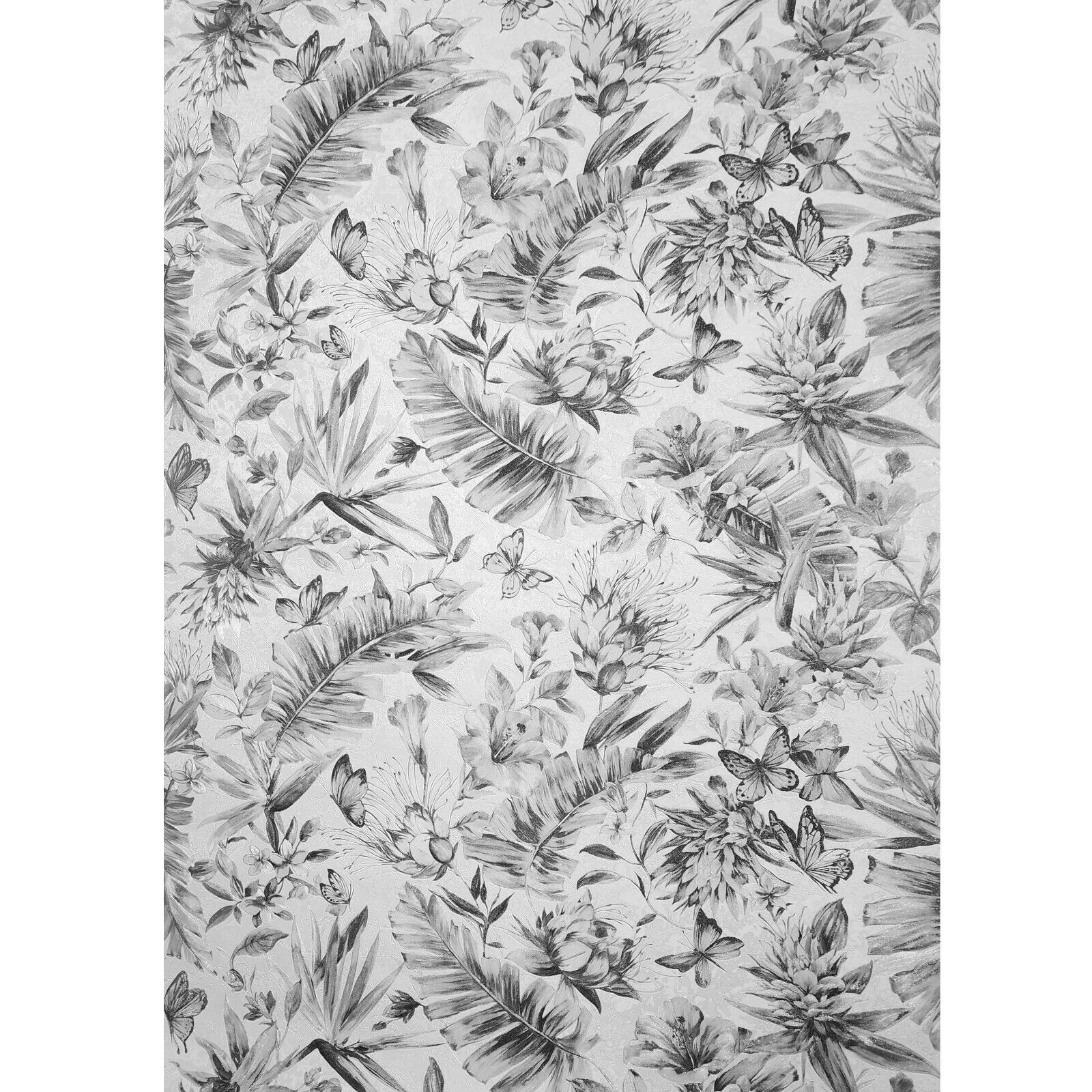Z80017 Floral white gray silver metallic tropical flowers textured 