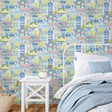 G78601 Whimsical Houses Blue Wallpaper