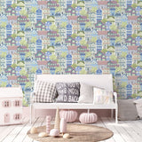 G78601 Whimsical Houses Blue Wallpaper