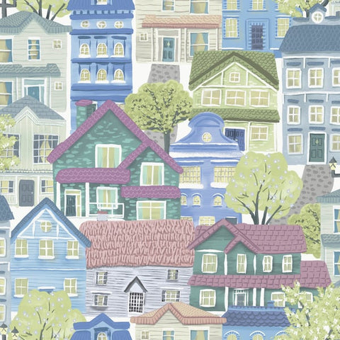 G78601 Whimsical Houses Blue Wallpaper