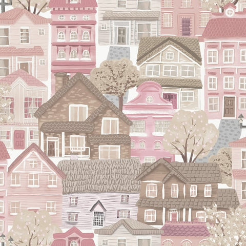 G78602 Whimsical Houses Pink Wallpaper 
