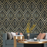 GA30605 Gatsby Ombre geometric Diamond burst black beige flaxen gold Metallic Wallpaper