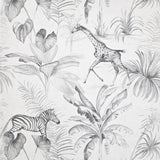 GL20608 Gray off white tropical lush palm fronds jungle zebras giraffes safari wallpaper
