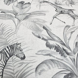 GL20608 Gray off white tropical lush palm fronds jungle zebras giraffes safari wallpaper
