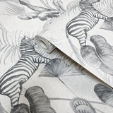 GL20608 Gray off white tropical lush palm fronds jungle zebras giraffes safari wallpaper
