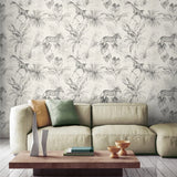 GL20608 Gray off white tropical lush palm fronds jungle zebras giraffes safari wallpaper
