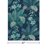 GL21512 Navy blue teal lush tropical botanical palm leaf faux fabric textured wallpaper
