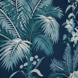 GL21512 Navy blue teal lush tropical botanical palm leaf faux fabric textured wallpaper