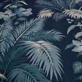 GL21512 Navy blue teal lush tropical botanical palm leaf faux fabric textured wallpaper