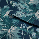 GL21512 Navy blue teal lush tropical botanical palm leaf faux fabric textured wallpaper