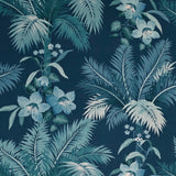 GL21512 Navy blue teal lush tropical botanical palm leaf faux fabric textured wallpaper