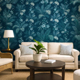 GL21512 Navy blue teal lush tropical botanical palm leaf faux fabric textured wallpaper
