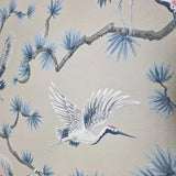 GL21702 Taupe beige blue gray white cranes floral branches faux fabric texture wallpaper