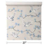 GL21702 Taupe beige blue gray white cranes floral branches faux fabric texture wallpaper