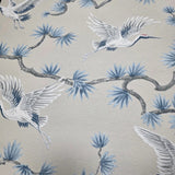 GL21702 Taupe beige blue gray white cranes floral branches faux fabric texture wallpaper