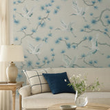 GL21702 Taupe beige blue gray white cranes floral branches faux fabric texture wallpaper