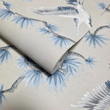 GL21702 Taupe beige blue gray white cranes floral branches faux fabric texture wallpaper