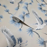 GL21702 Taupe beige blue gray white cranes floral branches faux fabric texture wallpaper